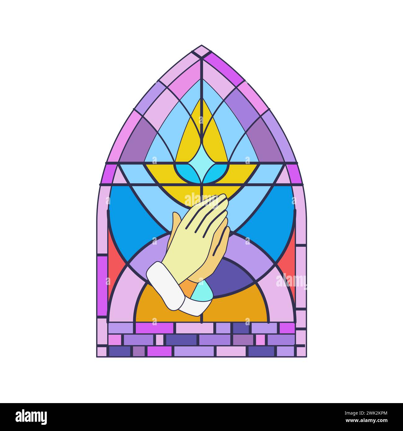 Stained glass arch window of church, mosaic art with hands folded in
