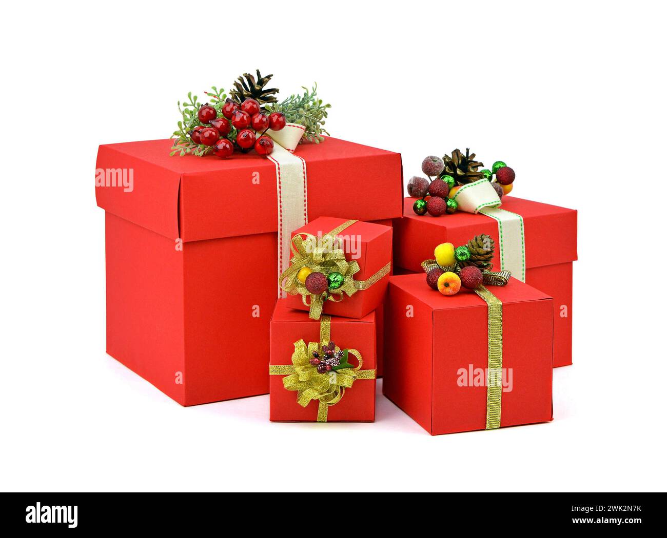 Christmas and New Year's Day . Pile of red gift boxes with decorations ...