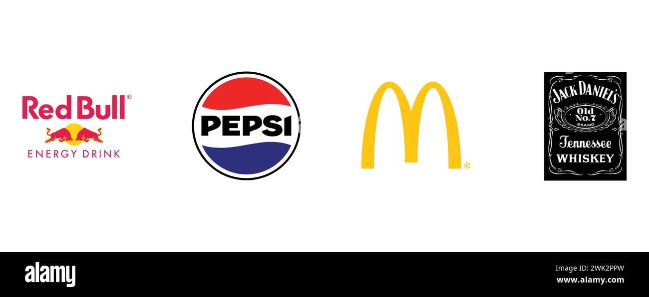 Jack Daniels, Pepsi, McDonalds, Red Bull. Collection of top brand logo
