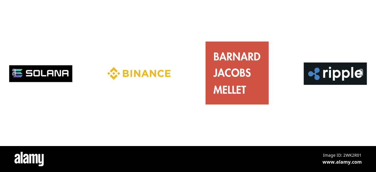 XRP, Solana, Binance, Barnard jacobs mellet. Collection of top brand logo. Stock Vector