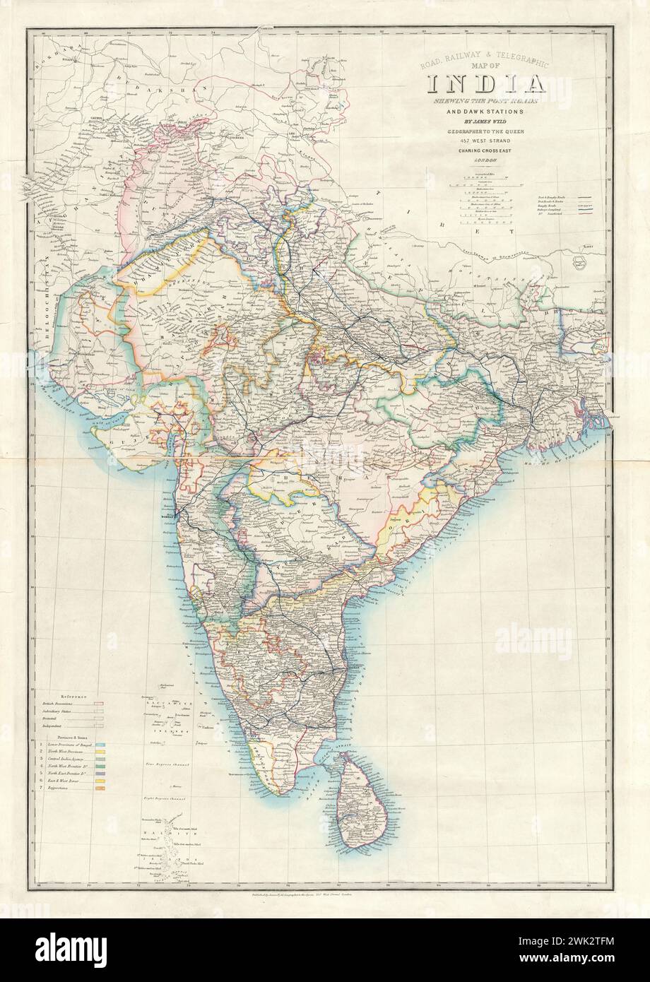 Road, railway & telegraphic map of India : shewing the post roads and dawk stations / by James Wyld, Geographer to the Queen.  c1850 Stock Photo