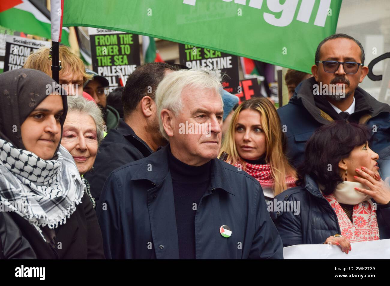 London, UK. 17th February 2024. Labour MP John McDonnell takes part in the march. Tens of thousands of pro-Palestine protesters marched to the Israeli Embassy demanding a ceasefire as the Israel-Hamas war continues. Credit: Vuk Valcic/Alamy Live News Stock Photo