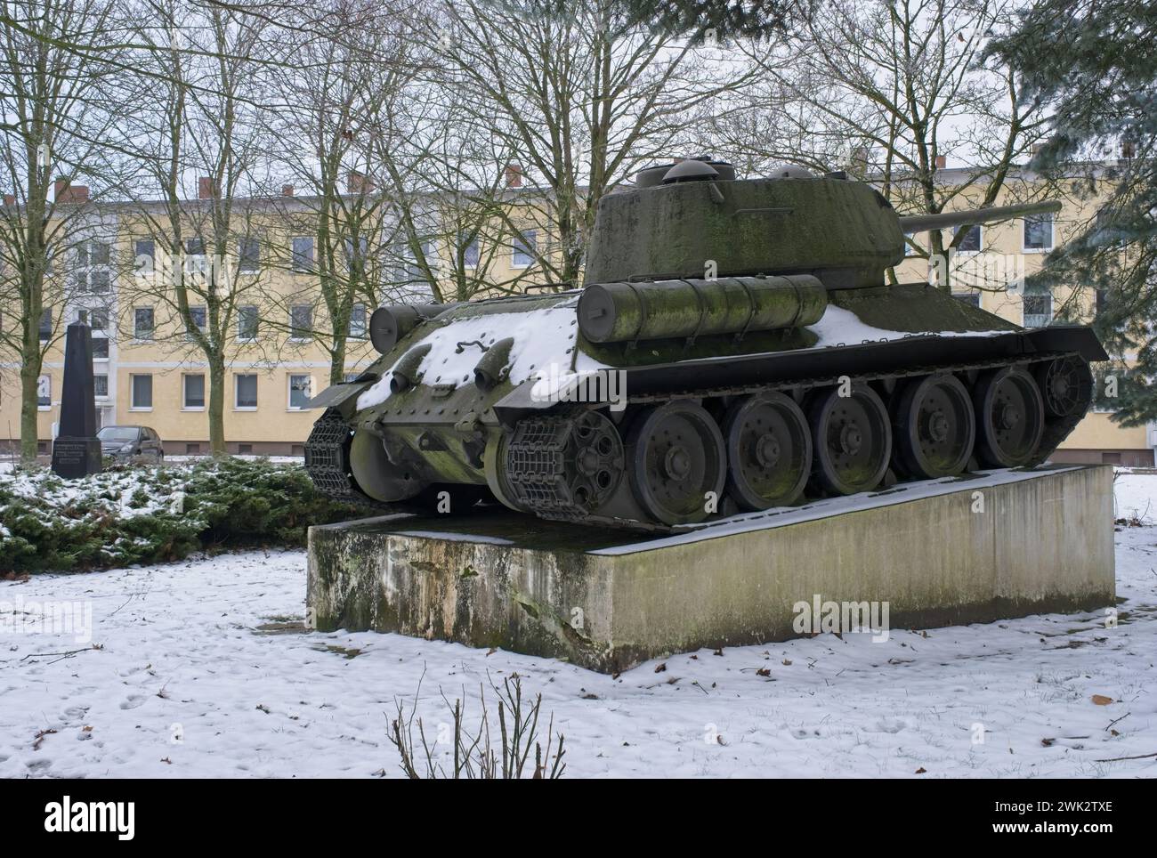 Lalendorf, Germany - Jan 12, 2024. Soviet Tank-Memorial T-34 Lalendorf. It is the only tank which survived in Mecklenburg-Vorpommern during the second Stock Photo