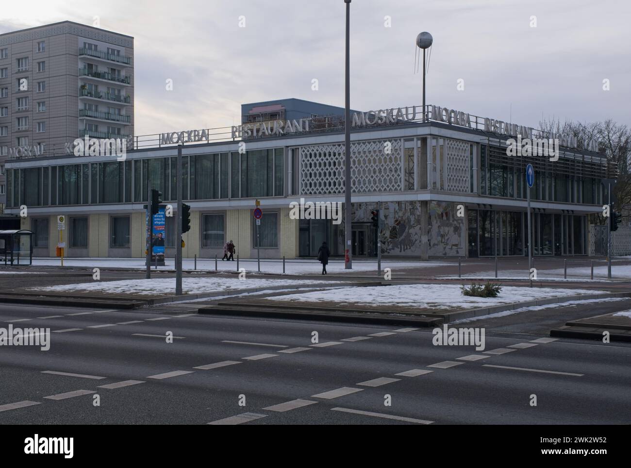 Berlin, Germany - Jan 21, 2024: Cafe Moskau on the Karl Marx Allee in Berlin. Sunny winter day. Selective focus Stock Photo