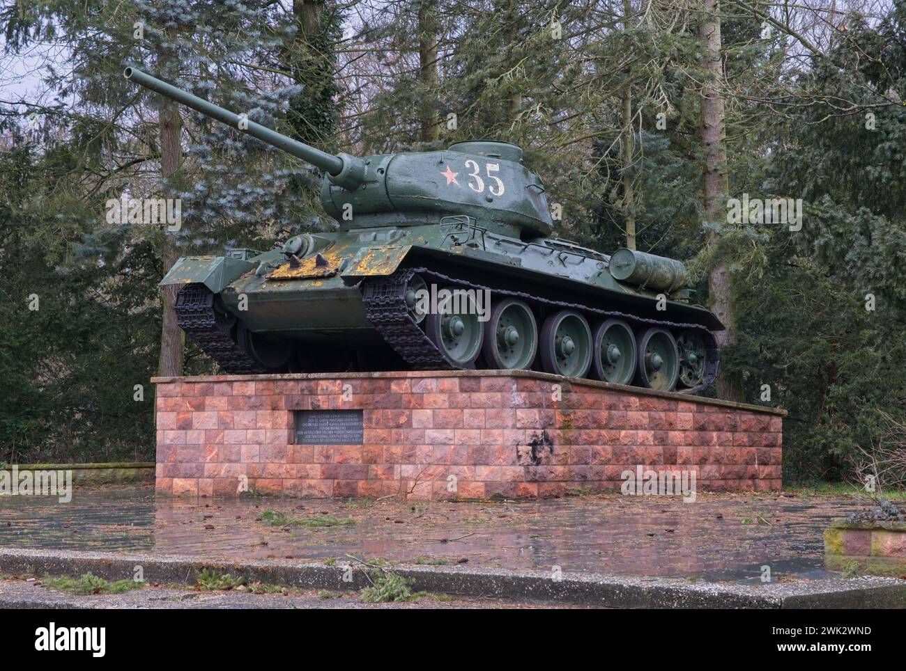 Brandendburg, Germany - Jan 26, 2024. Soviet Tank-Memorial T-34. In memory of the liberation of the New Brandenburg prison complex on 27 April 1945 by Stock Photo
