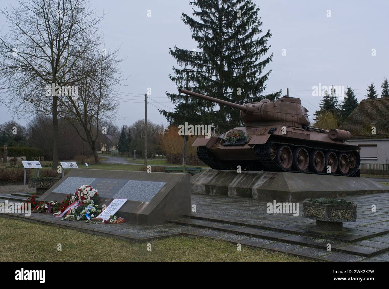 Letschin, Germany - Feb 2, 2024. Soviet Tank-Memorial T-34 in Letschin commemorates the crossing over the river Oder by the Red Army on 31 January 194 Stock Photo