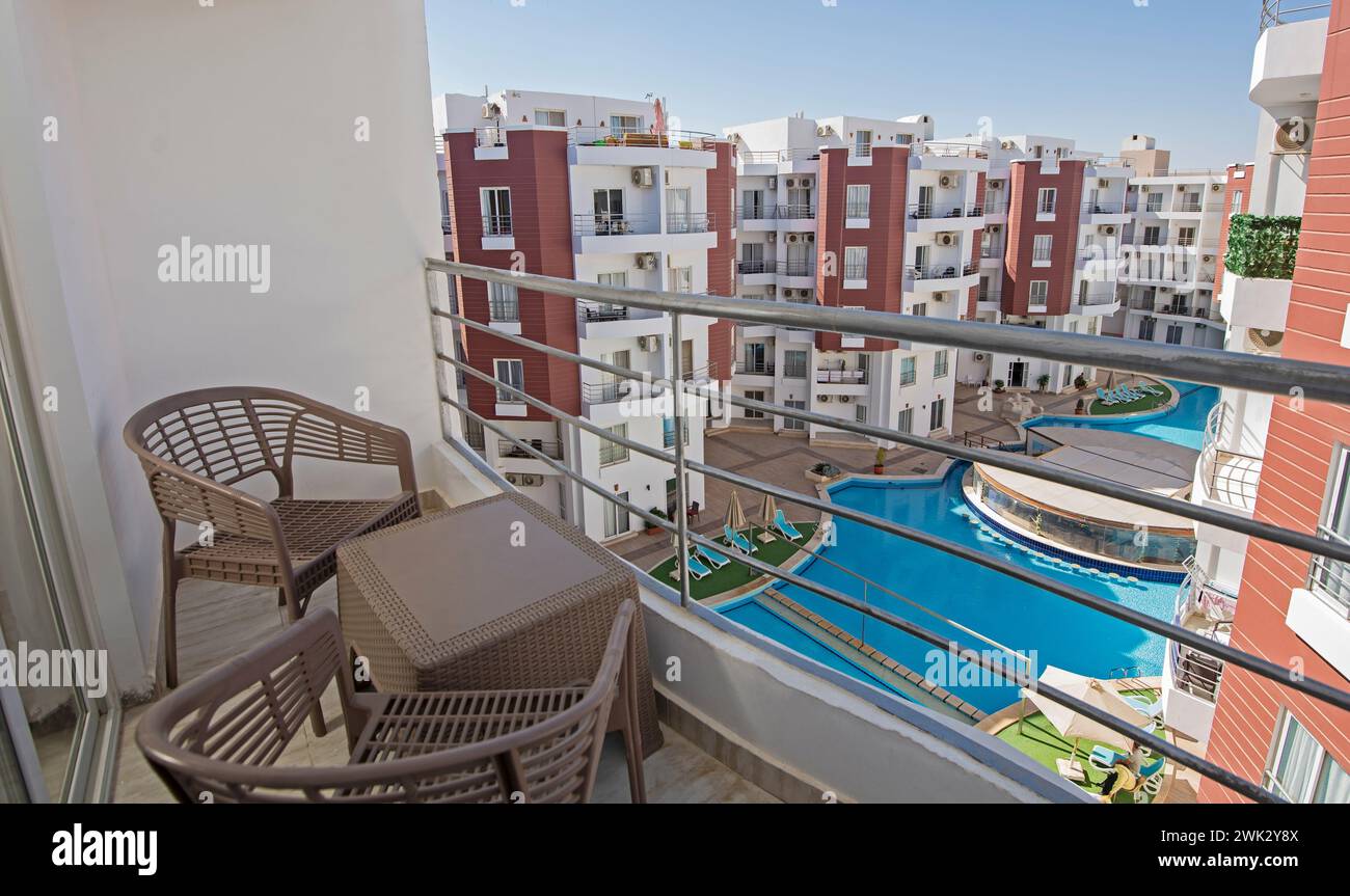 Terrace furniture of a luxury apartment in tropical resort with ...
