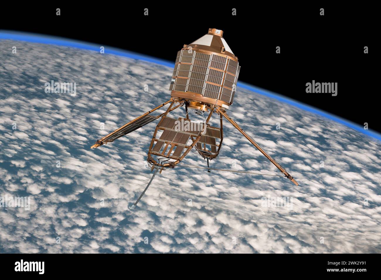 Model of Ariel scientific & research space satellite above Earth & clouds. Experiments on electro magnetic radiation & high energy charged particles. Stock Photo