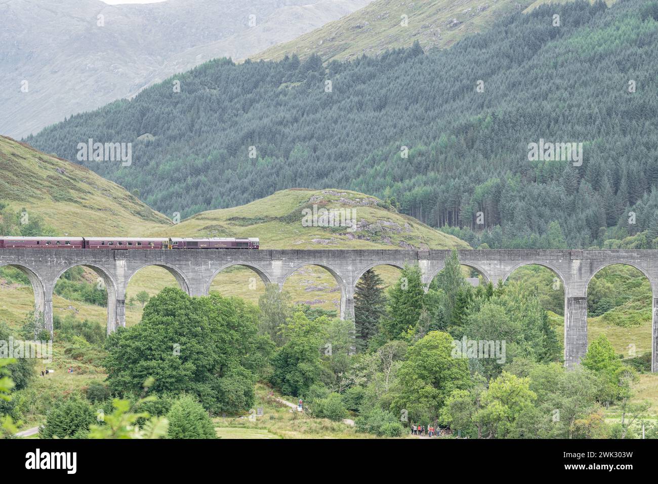 Royal Scotsman vintage diesel  locomotive on the Glenfinnan Viaduct, Highlands, Scotland Stock Photo