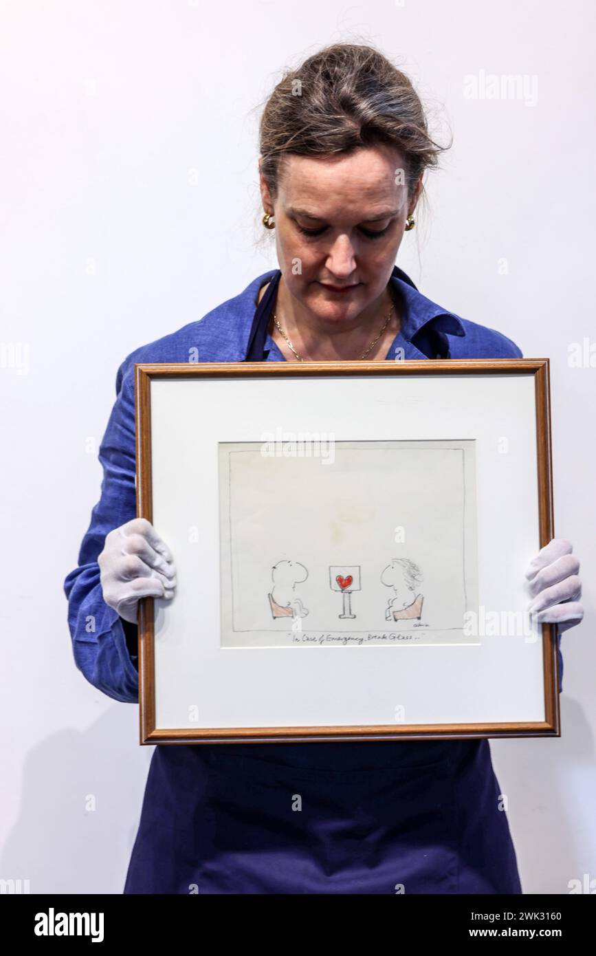 London, UK. 18th Feb, 2024. Olympia Auctions Exhibition of the nations beloved cartoonist, Mel Calmanat Olympia Auctions, 100's of cartoons consigned from family private collection. Gallery opens Monday 19th February - Friday 1st March. Credit: Paul Quezada-Neiman/Alamy Live News Stock Photo