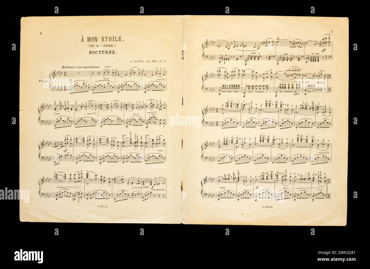 Sheet music 'A Mon Etoile' (To My Star) Nocturne by composer Carl Bohm. Stock Photo