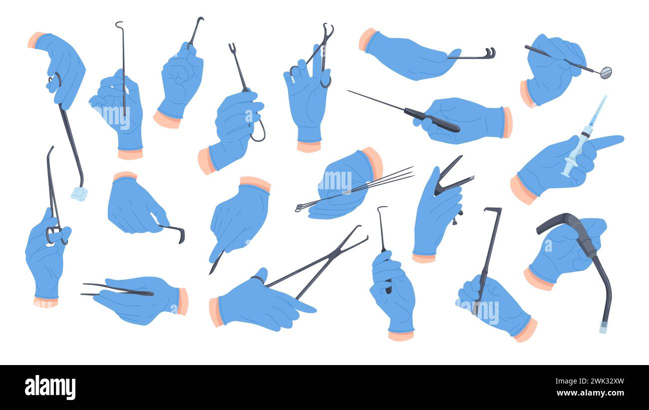 Doctors hands with different medical equipment and surgical tools set. Medicine collection of human arms in protective gloves operating, holding scalpel, lancet or syringe cartoon vector illustration Stock Vector