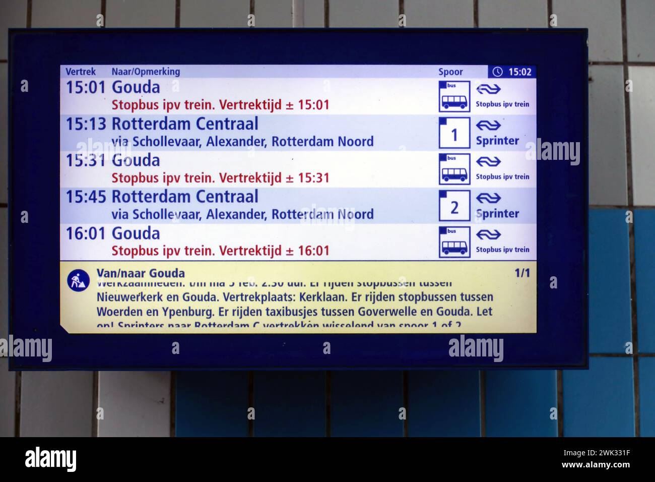 Signs for passengers for replacement by bus for train due to ...