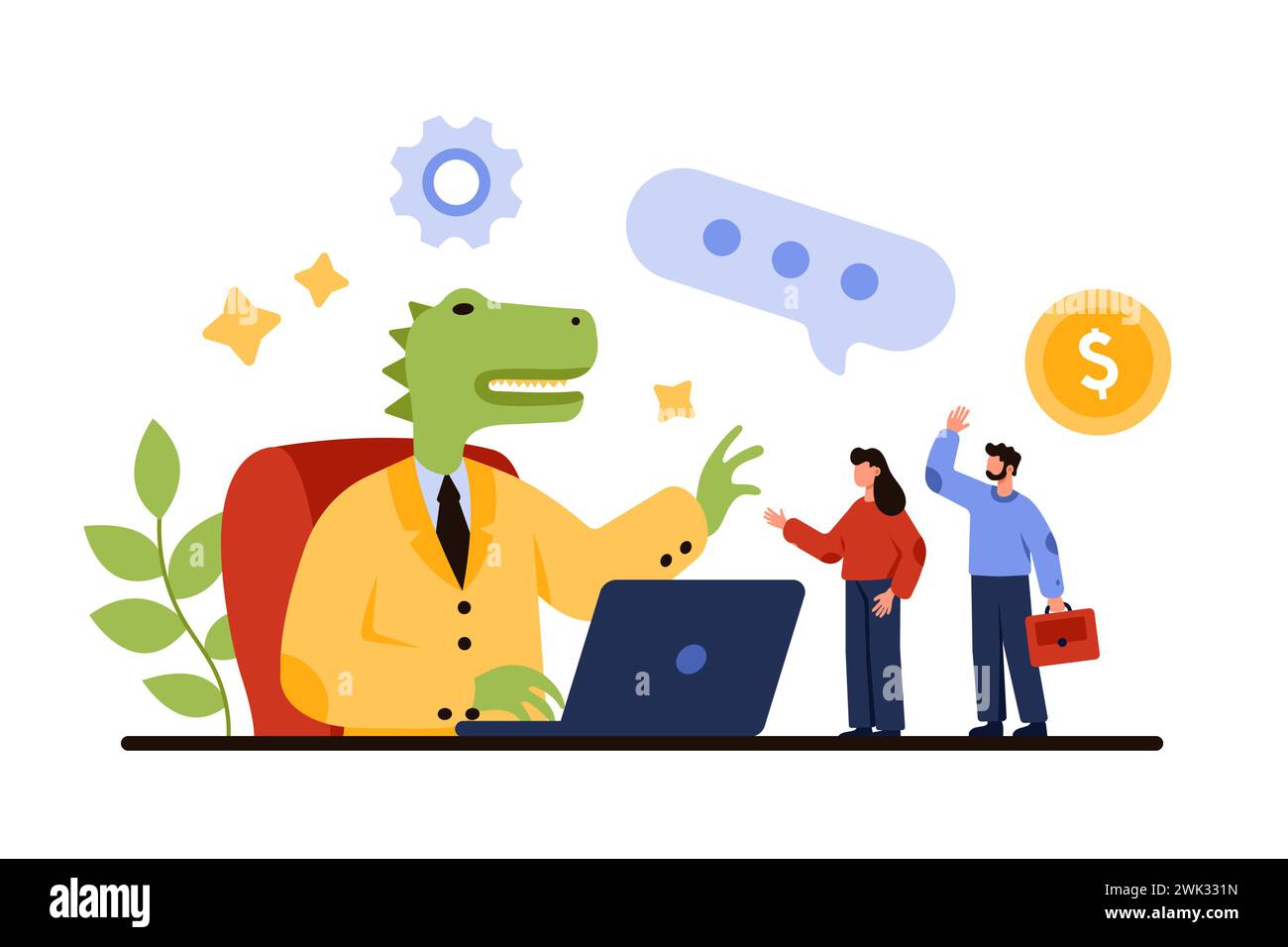 Outdated corporate leader with arrogant behavior of despot and dictator. Tiny people trying to share opinion with giant dinosaur businessman sitting at desk with laptop cartoon vector illustration Stock Vector