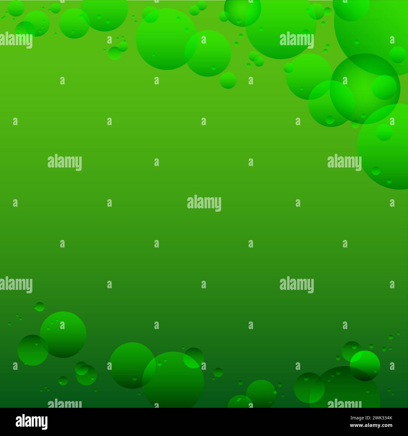 Green abstract background with drops and circles. Weightlessness. A foam party. Fabulous depth. Stock Photo