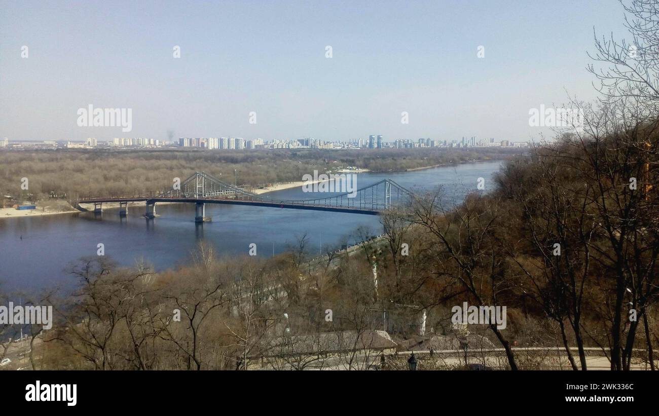 Kyiv, Ukraine, April 3, 2019.A remarkable view of the Left Bank of Kiev, Podol and Obolon.St. Vladimir's Hill is one of the oldest places in Kiev. Stock Photo