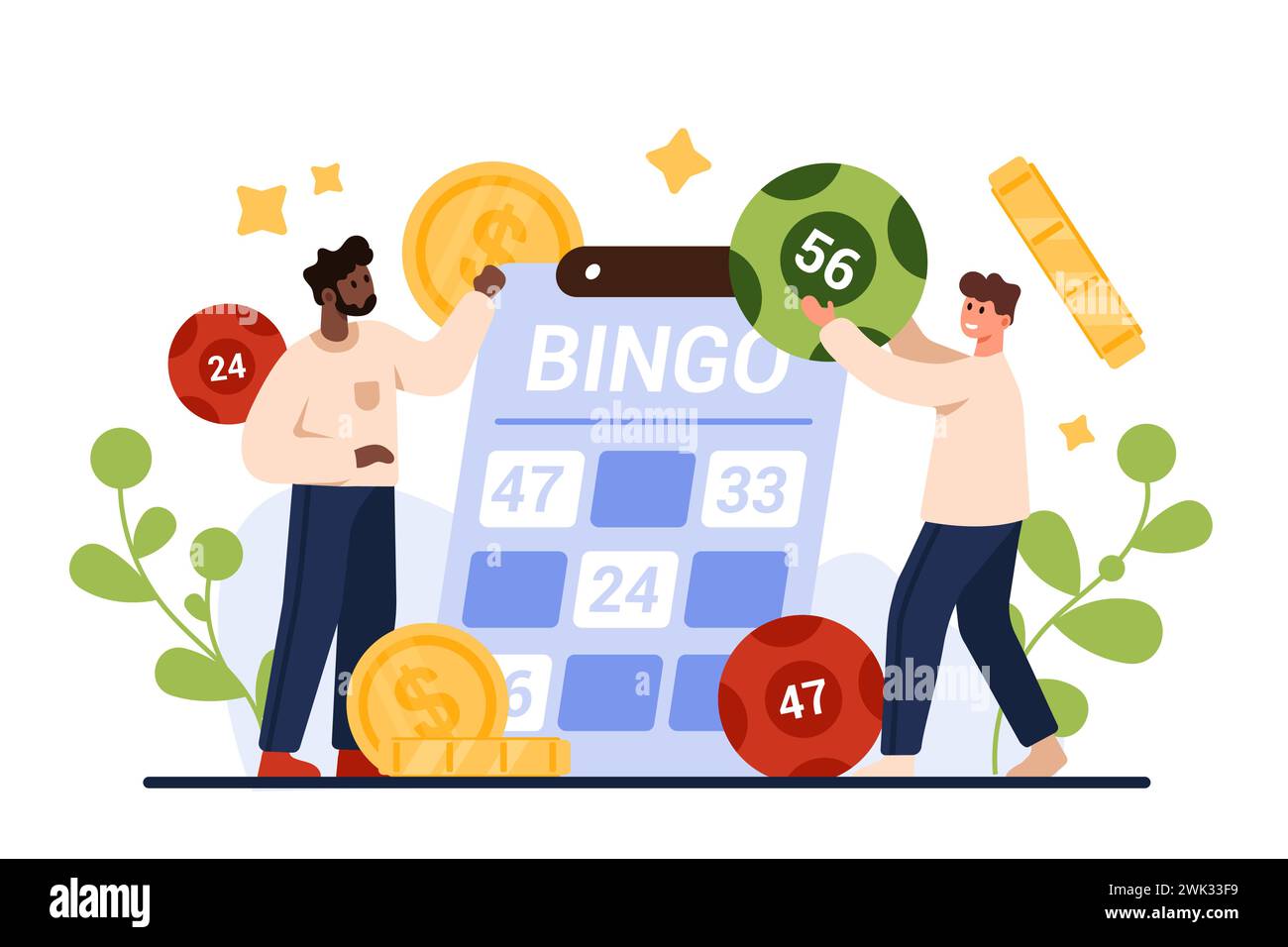 Bingo and lotto game, gambling and leisure casino business. Tiny people play lottery on ticket card for gold coins prize, happy character holding lucky ball with number cartoon vector illustration Stock Vector