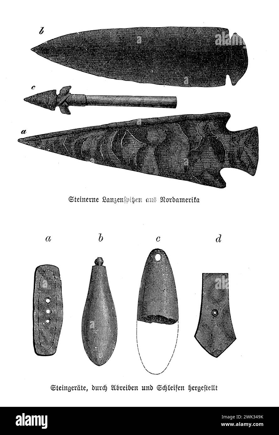 Stone age civilization archeology, stone spear points from North America and utensils made by abrading and sanding stones Stock Photo