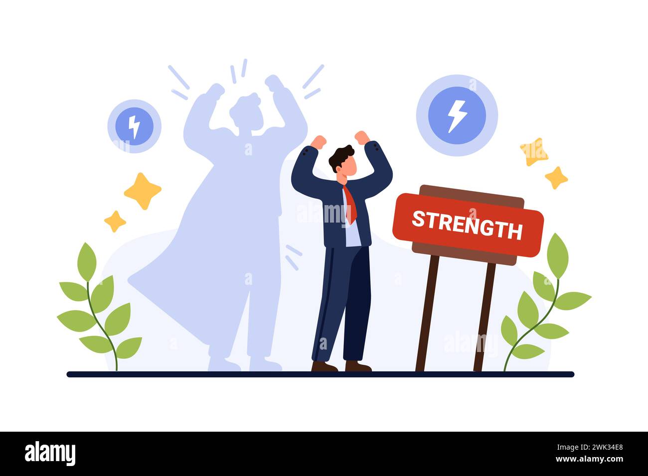 SWOT analysis, identification of strengths and advantages for effective strategic business planning. Tiny strong businessman standing with shadow in superhero cape cartoon vector illustration Stock Vector