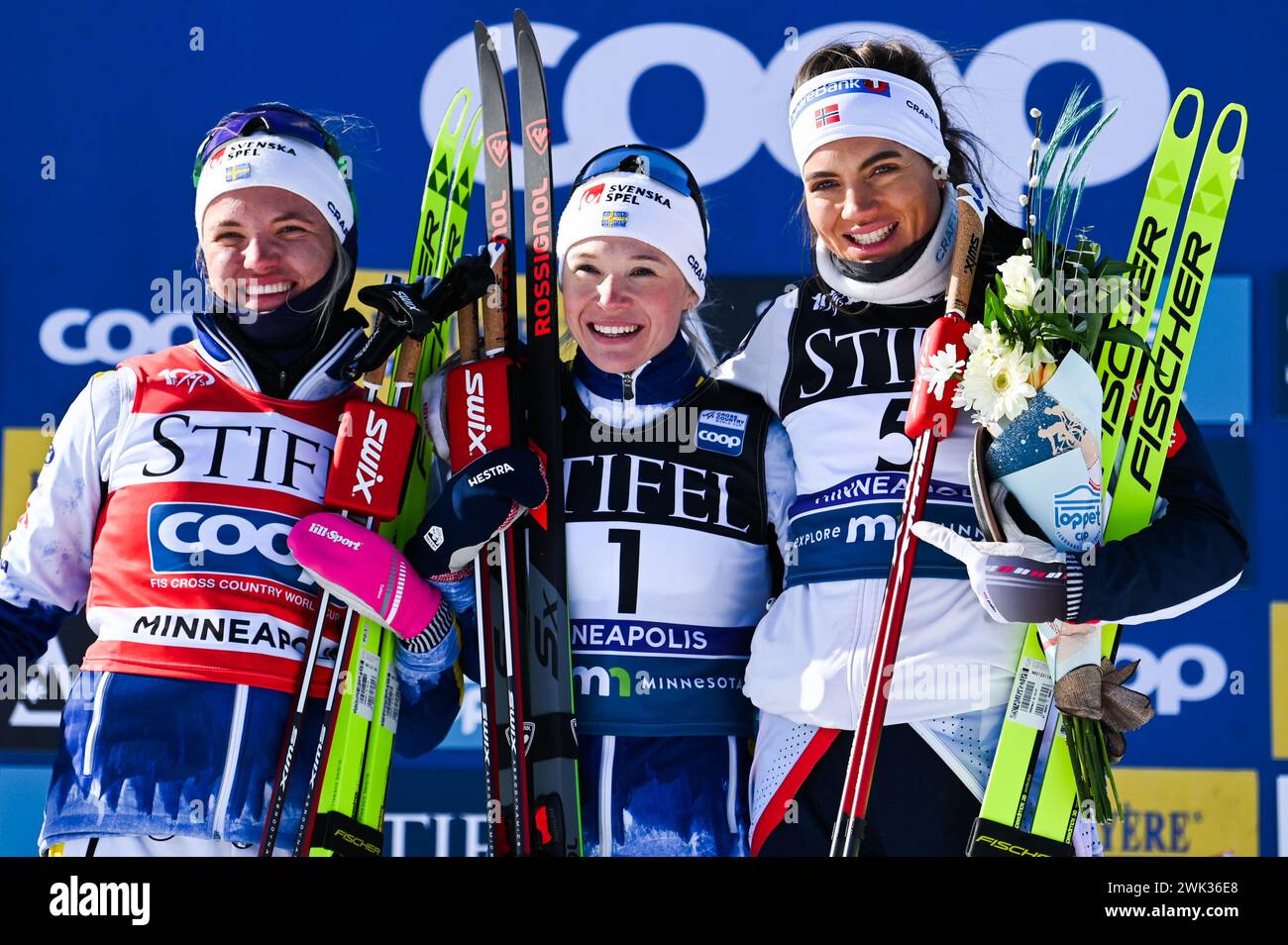 Minneapolis, Minnesota, USA, 17 February, 2024: Winners of the FIS world cup sprint cross country ski race at Theodore Wirth Regional Park in Minneapolis, Minnesota, USA, from left, Linn Svahn (SWE) 2nd, Jonna Sundling (SWE) 1st; Kristine Stavaas Skistad (NOR) third. The race was the first nordic world cup event held in the USA since 2001. Credit: John Lazenby/Alamy Live News Stock Photo