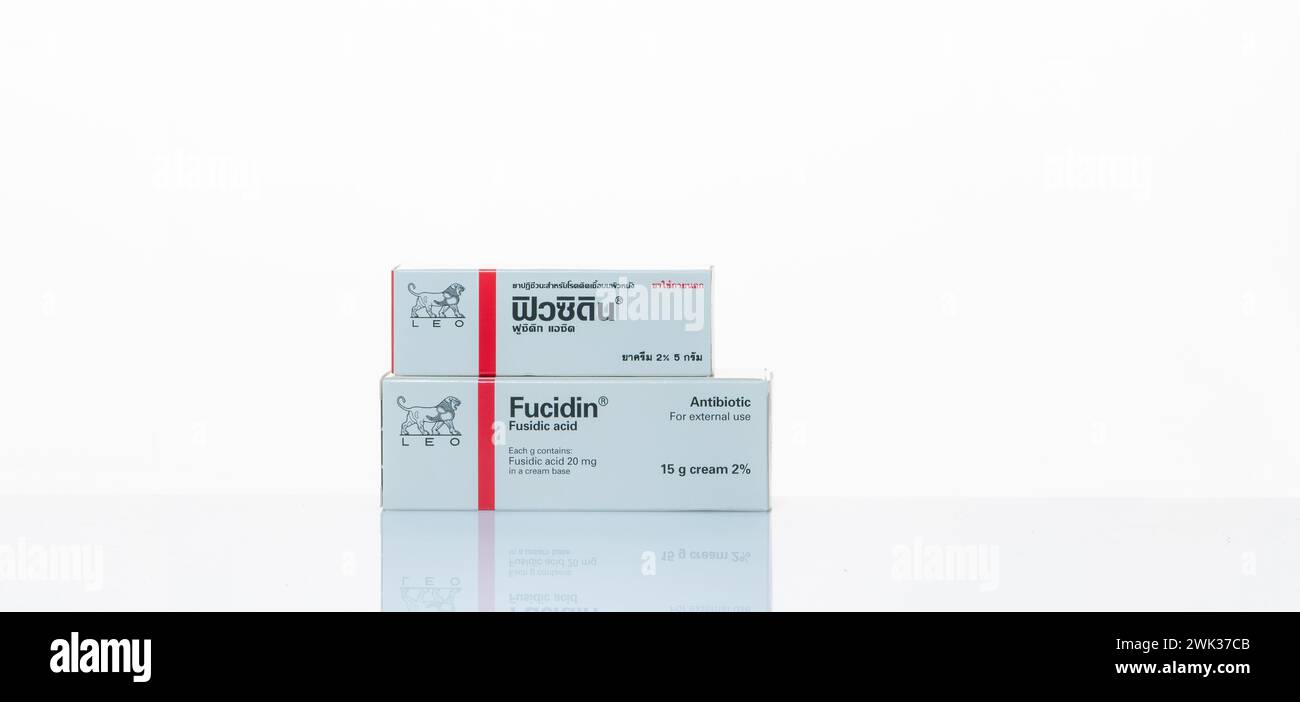 CHONBURI, THAILAND-JANUARY 30, 2023: Fucidin cream. Fusidic acid. Antibiotic drug for treatment bacterial infections. Fusidic acid antibiotic cream Stock Photo