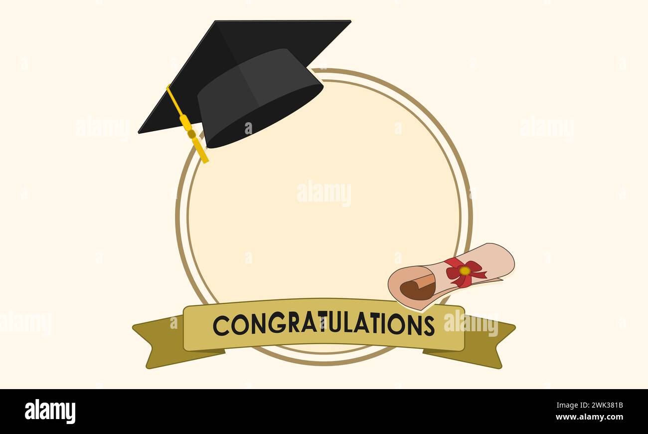 Circle photo frame with graduation cap and certificate for photo booth. Vector illustration