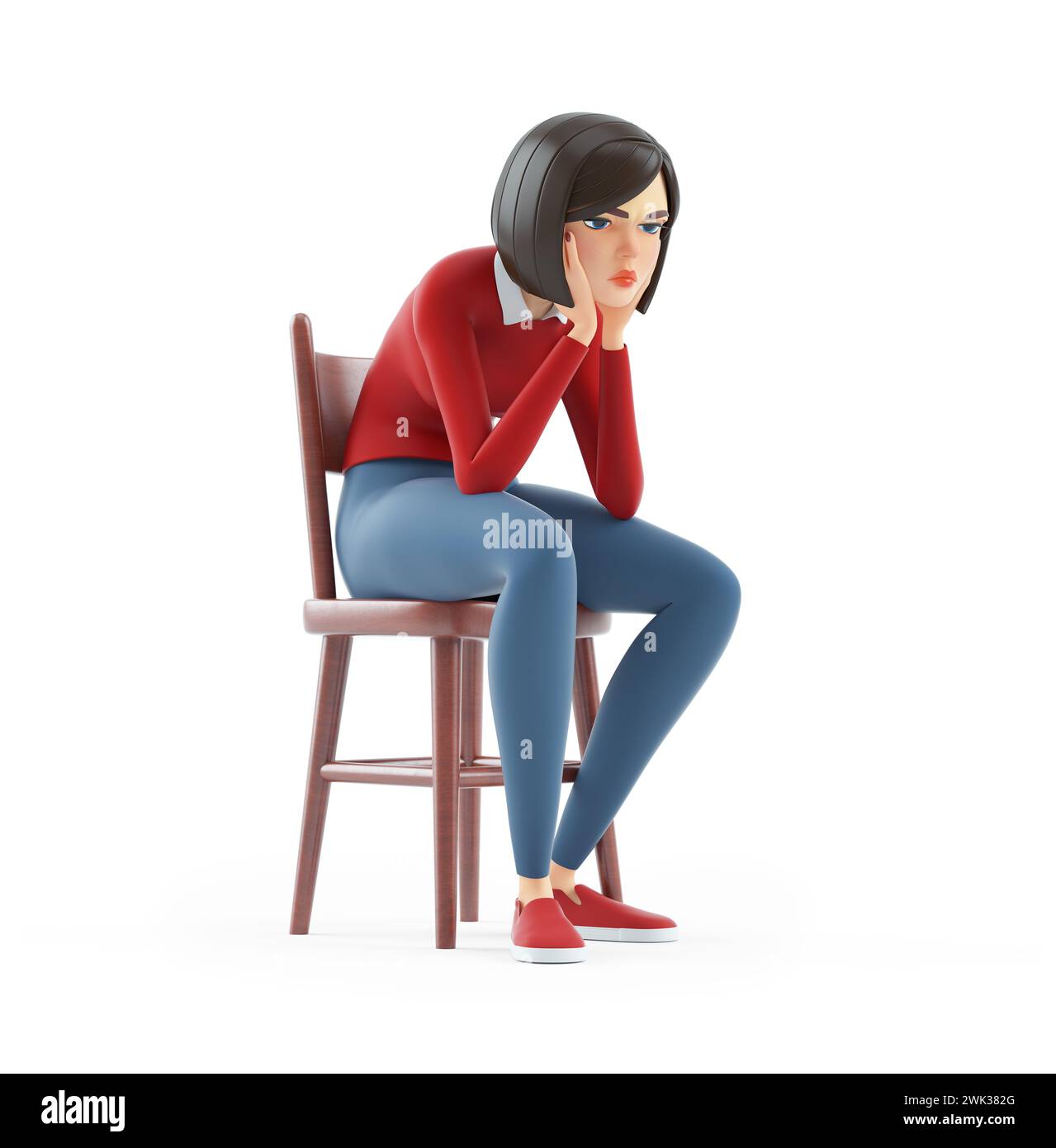 3d casual girl sitting on chair and sulking, illustration isolated on white background Stock Photo