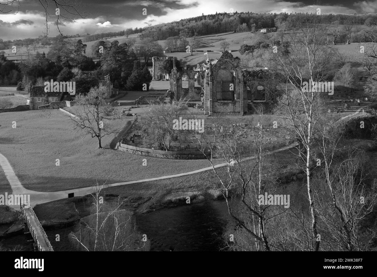 The ruins of the 12th Century Bolton Abbey Priory, river Wharfe