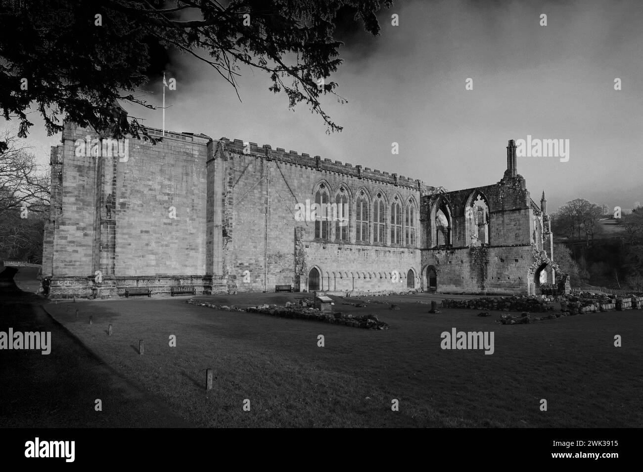 The ruins of the 12th Century Bolton Abbey Priory, river Wharfe ...