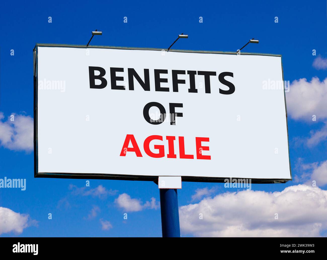 Benefits of agile symbol. Concept words Benefits of agile on beautiful big white billboard. Beautiful blue sky cloud background. Business benefits of Stock Photo