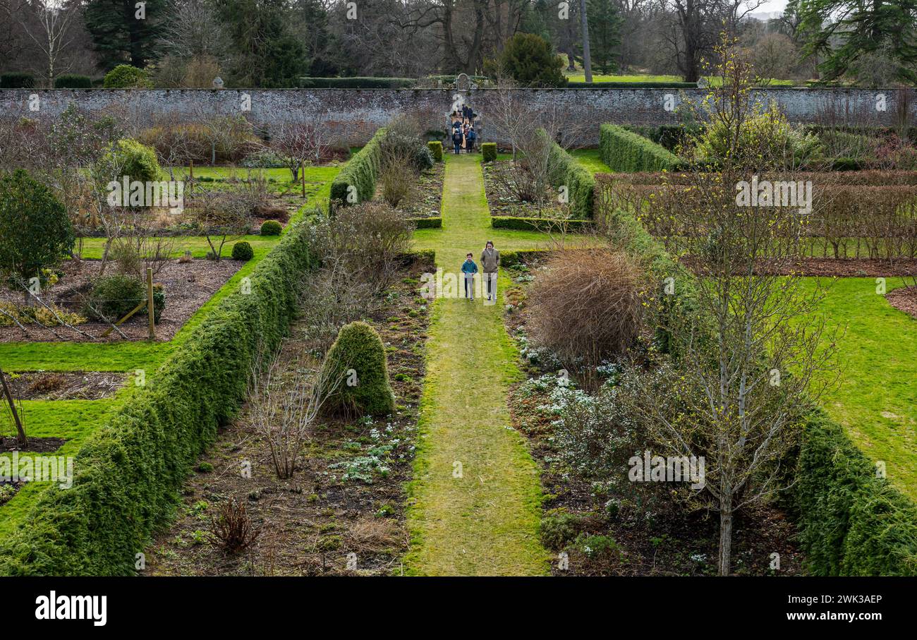 Preston Hall Walled Garden, Midlothian, Scotland, UK 18th February 2024. Scotland's Garden Scheme Snowdrop Weekend: the 18th century walled garden is open to the public with entrance donations going to charity. It has been restored over the last dozen years. people walk in the formal garden. Credit: Sally Anderson/Alamy Live News Stock Photo
