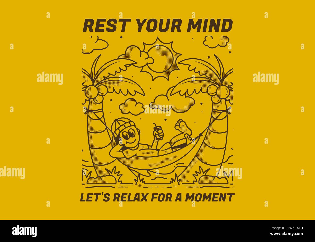 Rest your mind, let's relax for a moment. Retro illustration of a guy hanging on the hammock Stock Vector