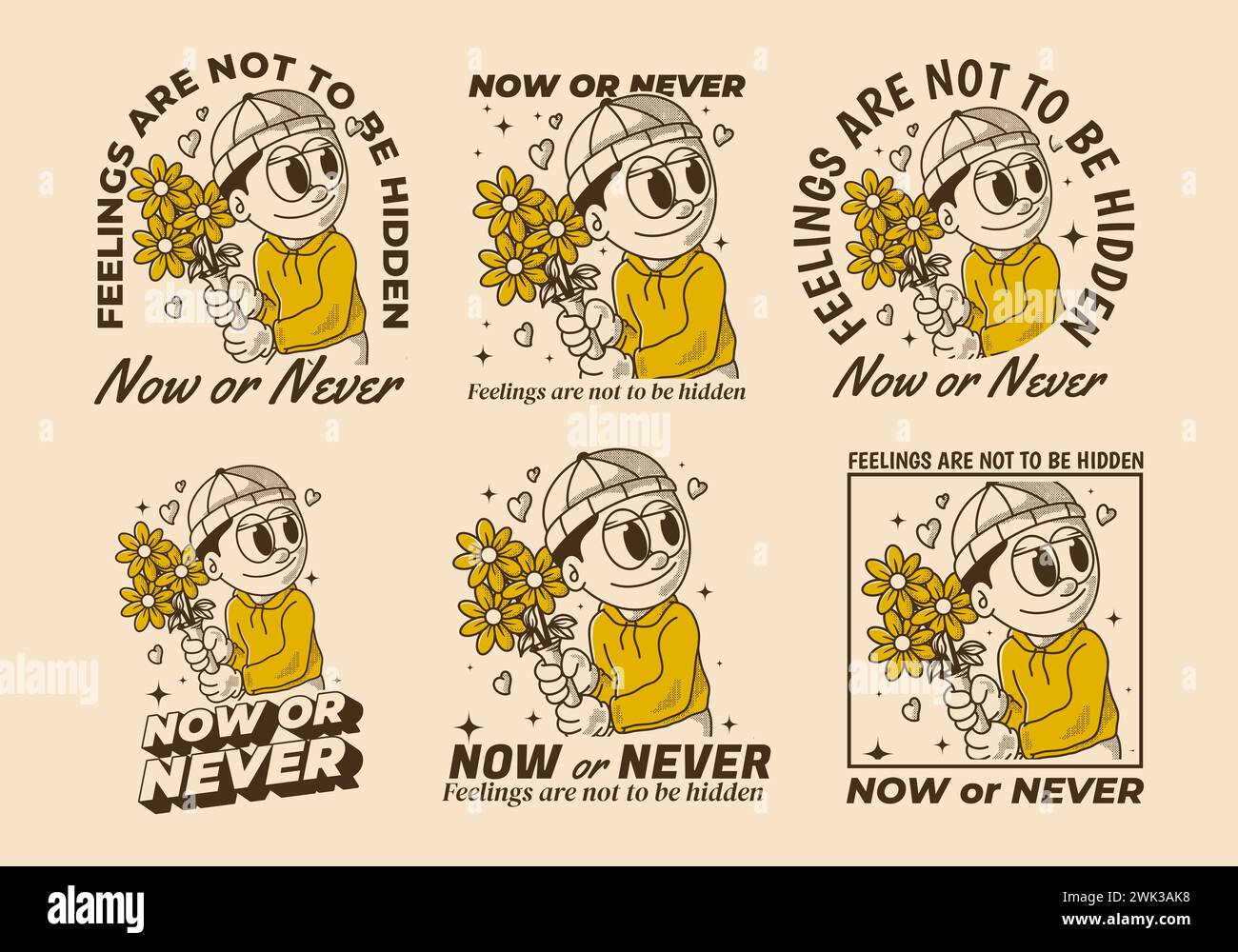 Now or never. Vintage illustration of a beanie guy holding a flower Stock Vector