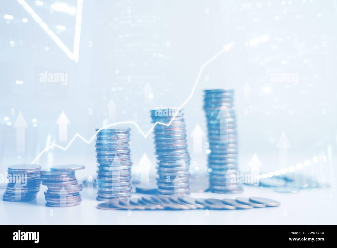 Finance and Investment. Money management and Financial chart. Double exposure of graph, rows of coins for finance and business concept. Investment bus Stock Photo