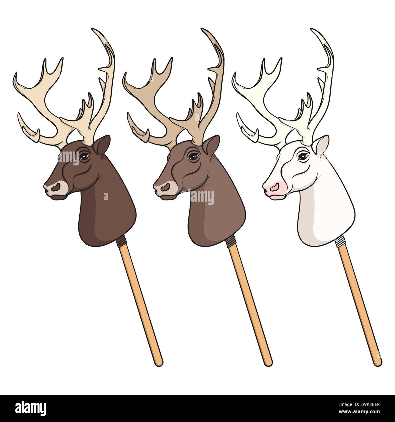 Set of color illustrations with hobby horse deer toy on stick. Isolated
