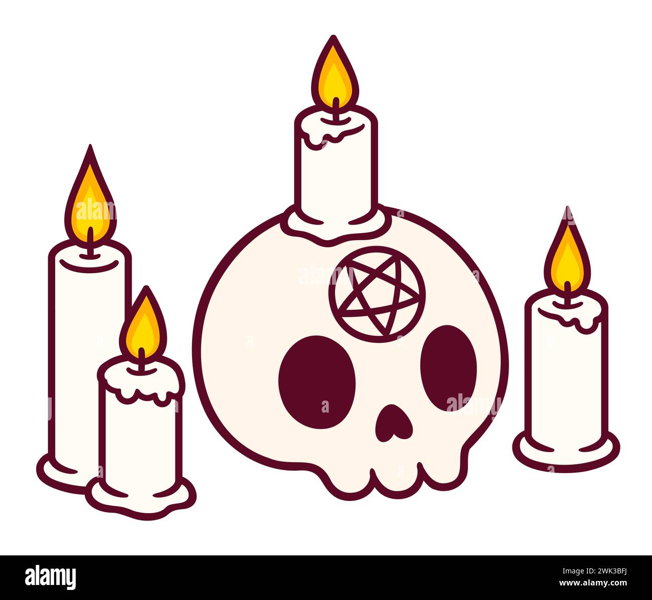 Cartoon skull drawing with candles and pentagram. Spooky dark magic ritual. Cute tattoo or sticker print, hand drawn doodle. Vector illustration. Stock Vector