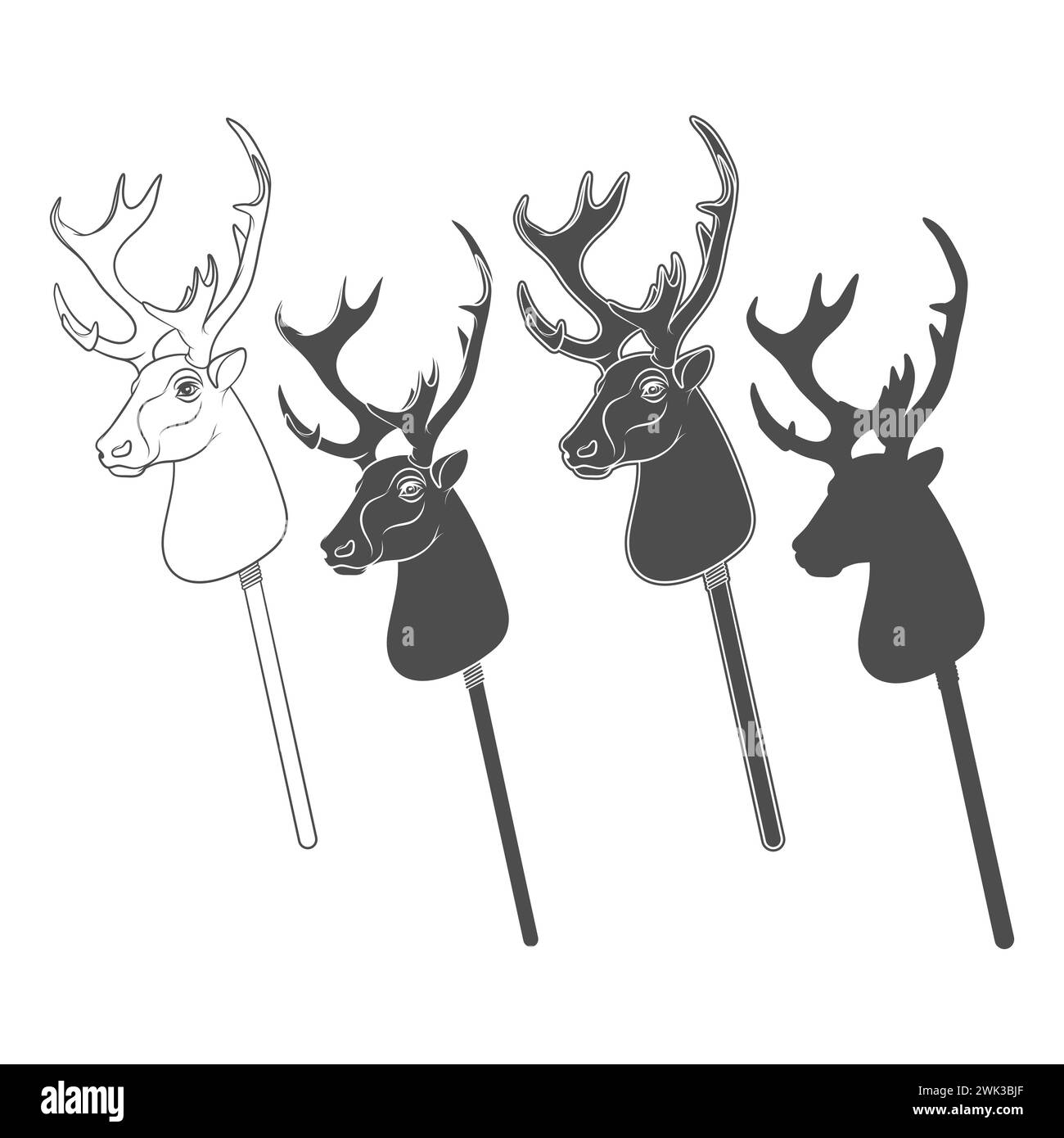 Set of black and white illustrations with hobby horse deer toy on stick. Isolated vector objects on white background. Stock Vector