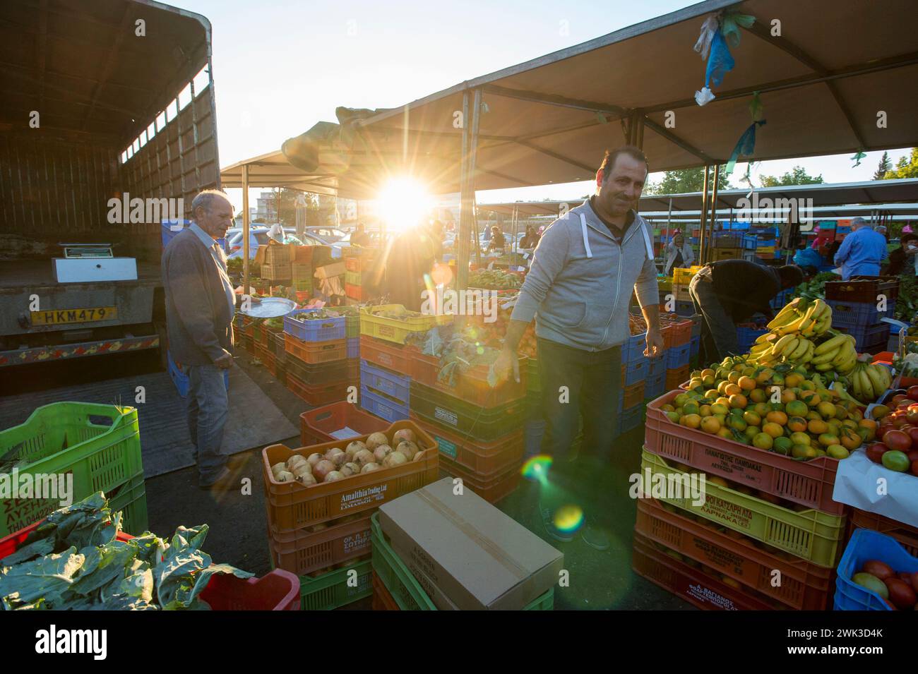 Market day on the Constanza Bastion of the Venetian city walls of Nicosia. Traders set up their stalls. Stock Photo