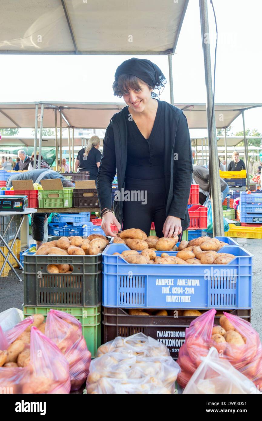 Market day on the Constanza Bastion of the Venetian city walls of Nicosia. trader with their market stall. Stock Photo