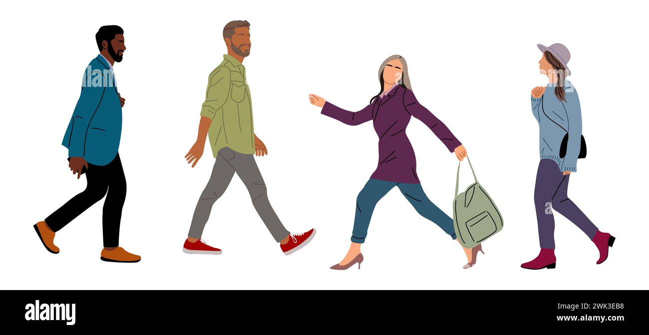 Set of Diverse business people walking side view Stock Vector Image ...