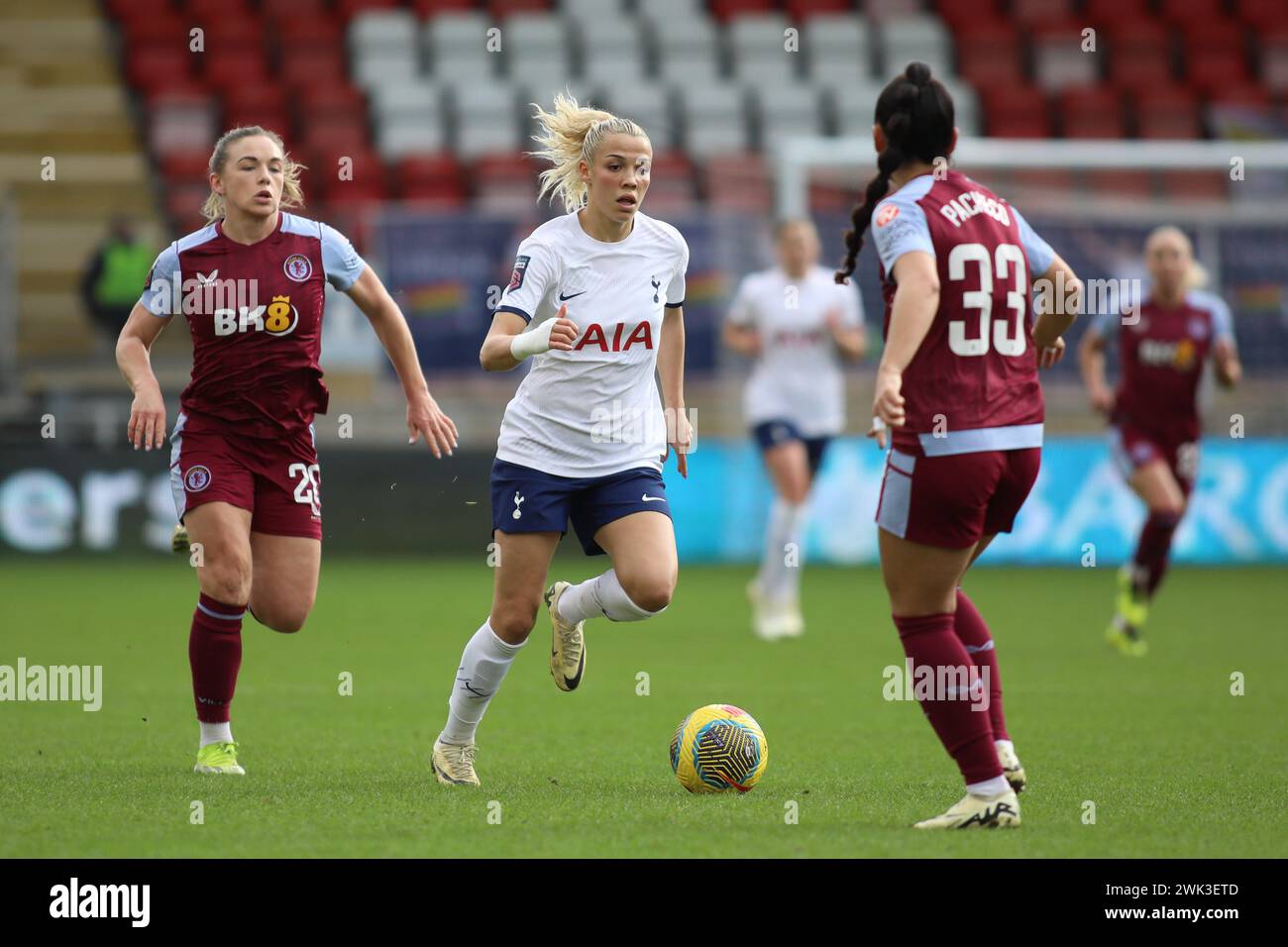 London, England. 18 February, 2024.  Celin Bizet Ildhusøy of Tottenham Hotspur goes forward while receiving pressure from Mayumi Pacheco of Aston Villa and Simone Magill of Aston Villa during the Women's Super League match between Tottenham Hotspur and Aston Villa at Brisbane Road. Credit: Alexander Canillas/Alamy Live News Stock Photo