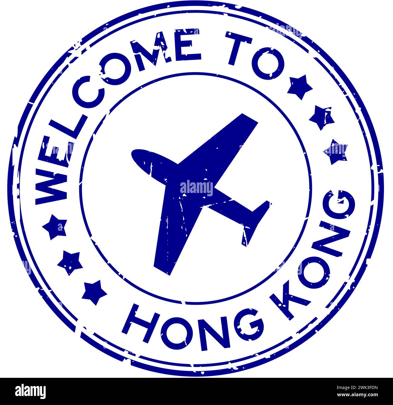 Grunge blue welcome to hong kong with airplane icon round rubber seal stamp on white background Stock Vector