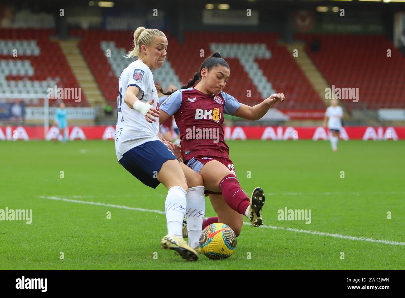 London, England. 18 February, 2024.  Mayumi Pacheco of Aston Villa blocks a cross from Celin Bizet Ildhusøy of Tottenham Hotspur during the Women's Super League match between Tottenham Hotspur and Aston Villa at Brisbane Road. Credit: Alexander Canillas/Alamy Live News Stock Photo