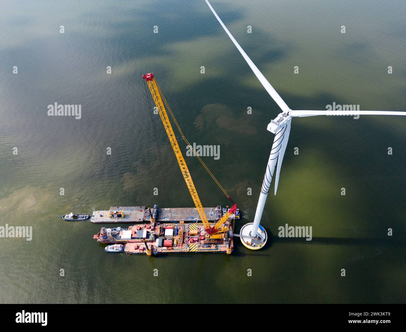 Construction of an offshore windpark, Ijsselmeer, The Netherlands Stock Photo