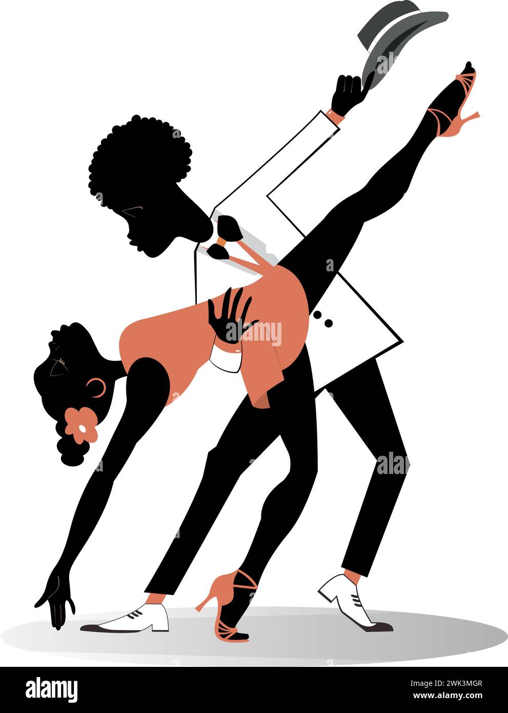 Romantic dancing young African couple.  Funny dancing young African man and woman. Isolated on white background Stock Vector