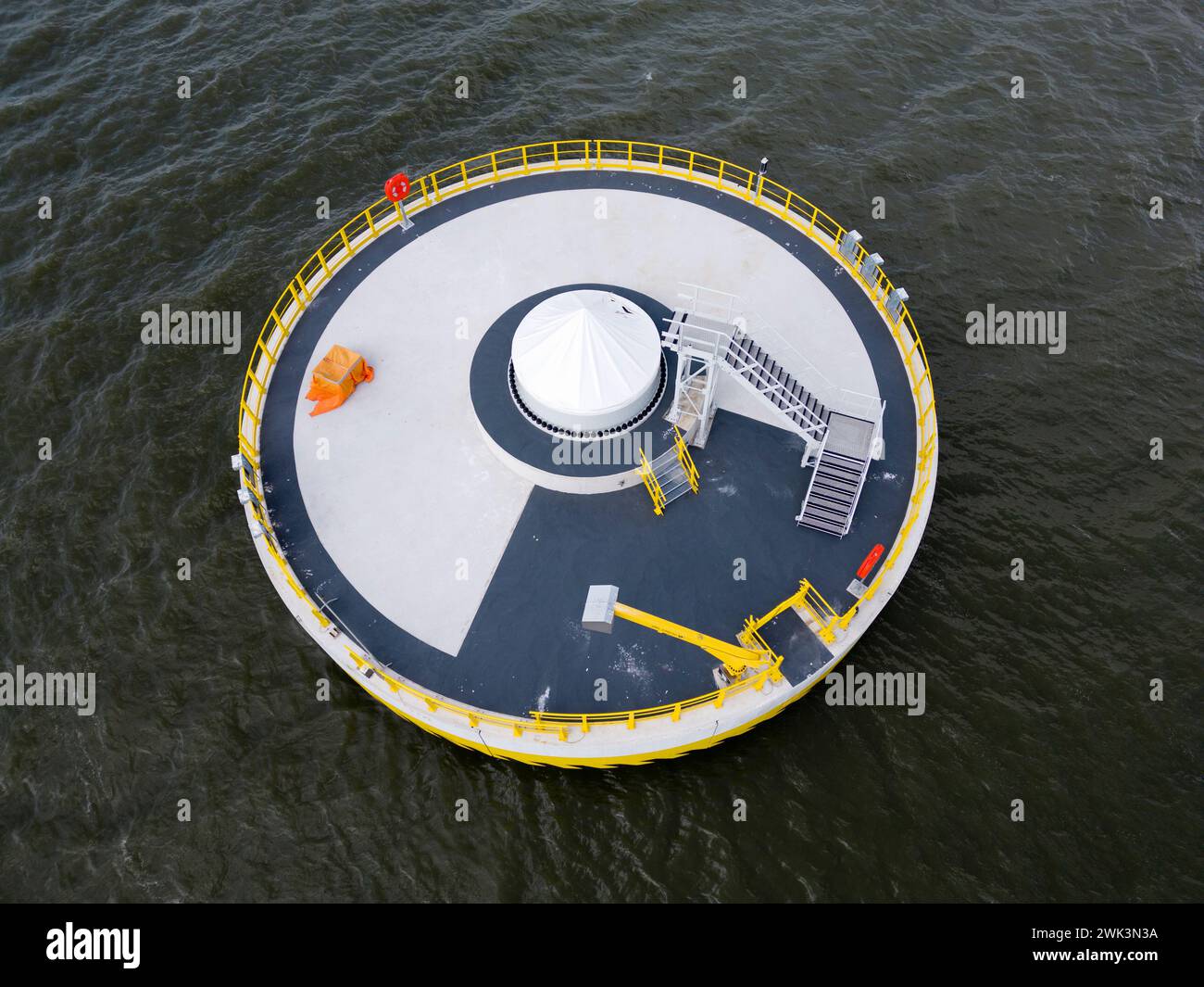 Foundation of a windturbine in shallow water, Ijsselmeer, The Netherlands Stock Photo