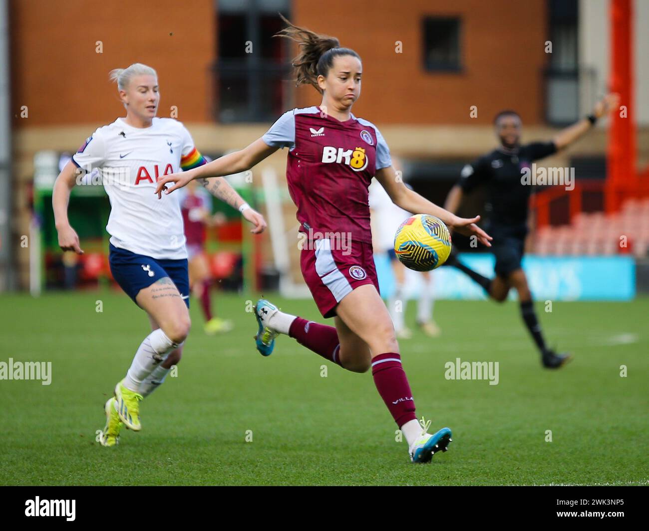 London, UK. 18th Feb, 2024. London, England, February 18 2024: Bethany England (9 Tottenham Hotspur) and Anna Patten (4 Aston Villa) battle for the ball during the Barclays FA Womens Super League game between Tottenham Hotspur and Aston Villa at Gaughan Group Stadium (Brisbane Road) in London, England. (Jay Patel/SPP) Credit: SPP Sport Press Photo. /Alamy Live News Stock Photo