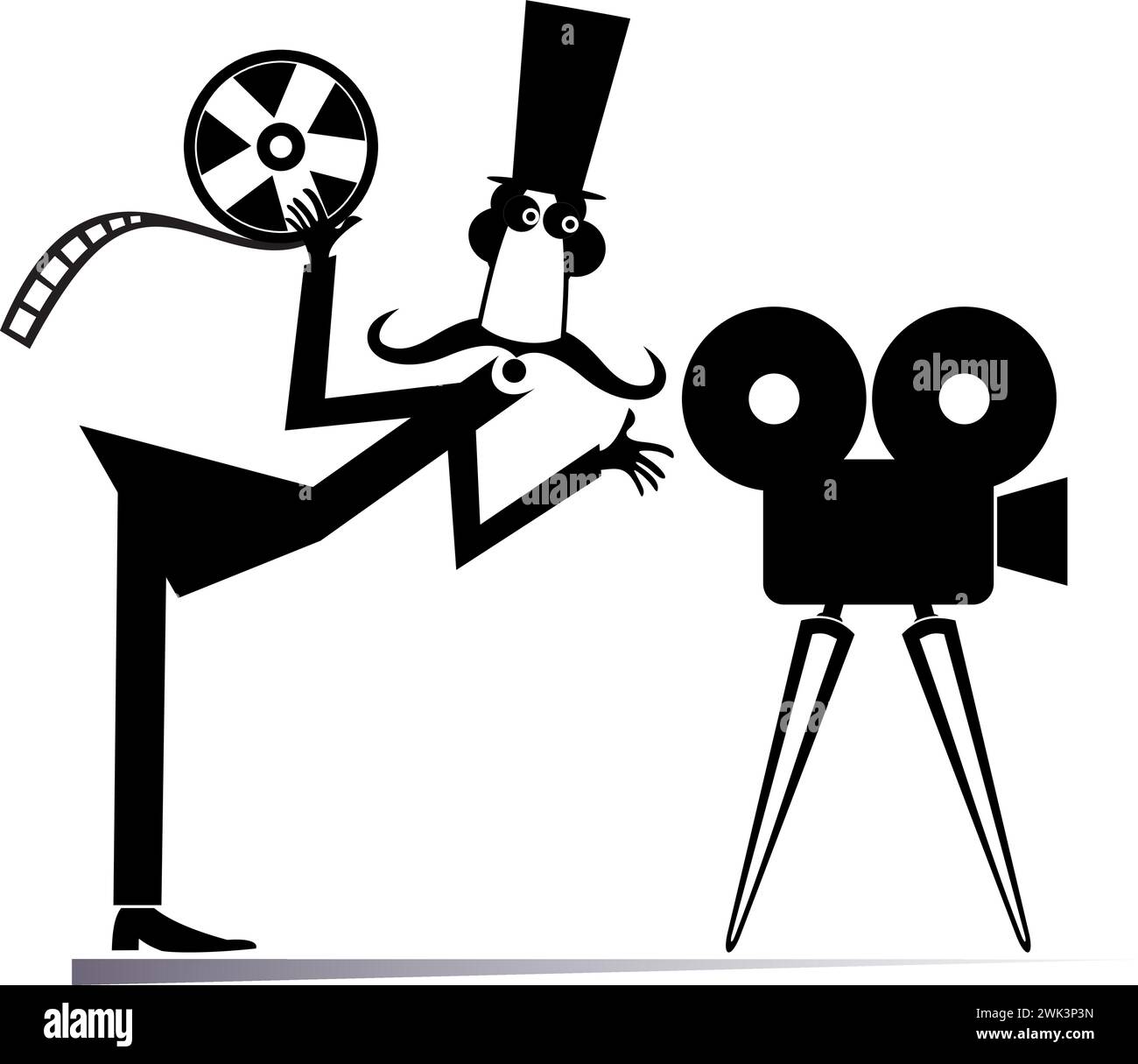 Cartoon long mustache, movie projector, tape.  Cartoon long mustache man in the top hat stands near the movie projector and holds a tape Stock Vector