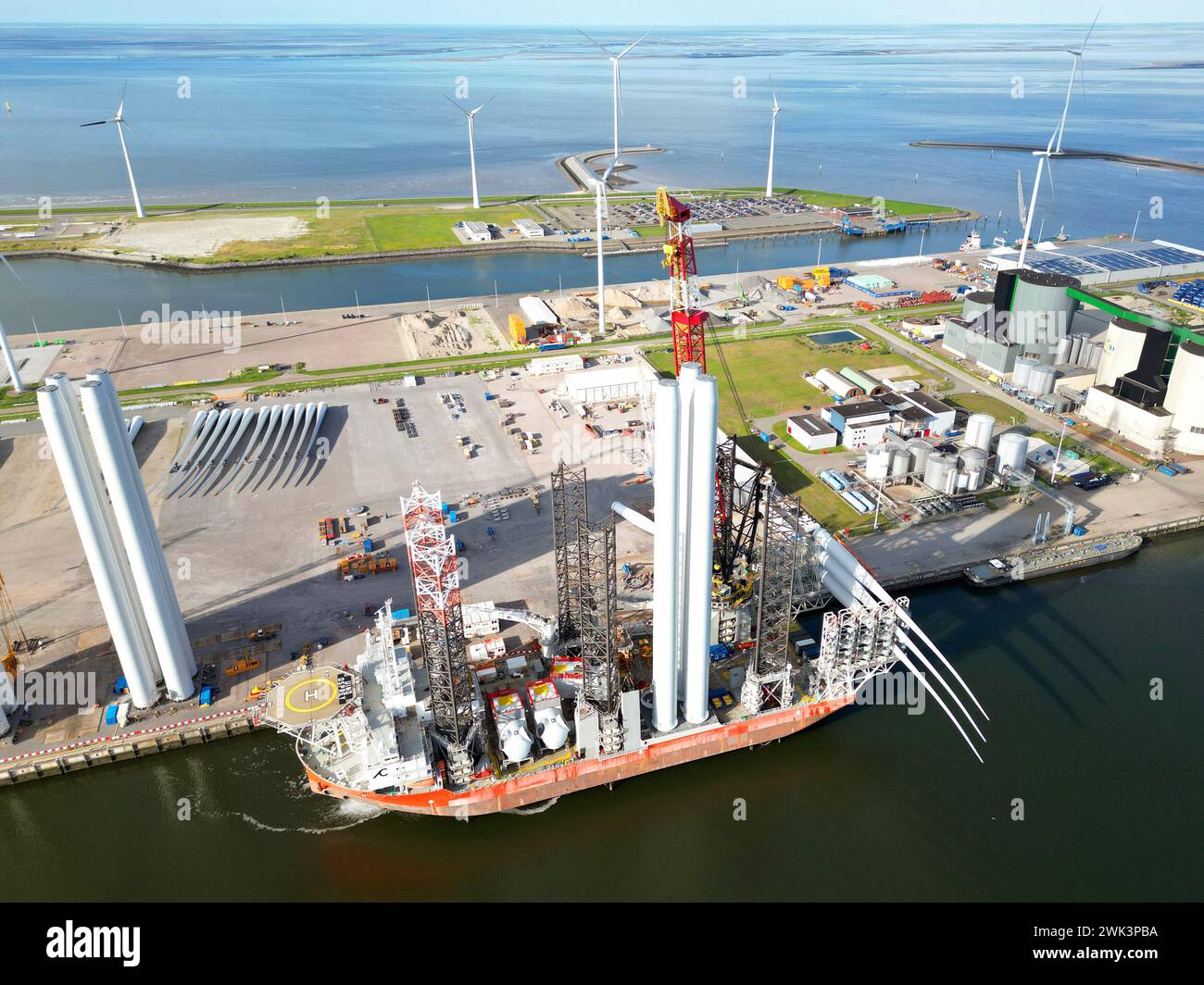 A transport ship for the construction of an offshore windpark in the North Sea, The Netherlands Stock Photo