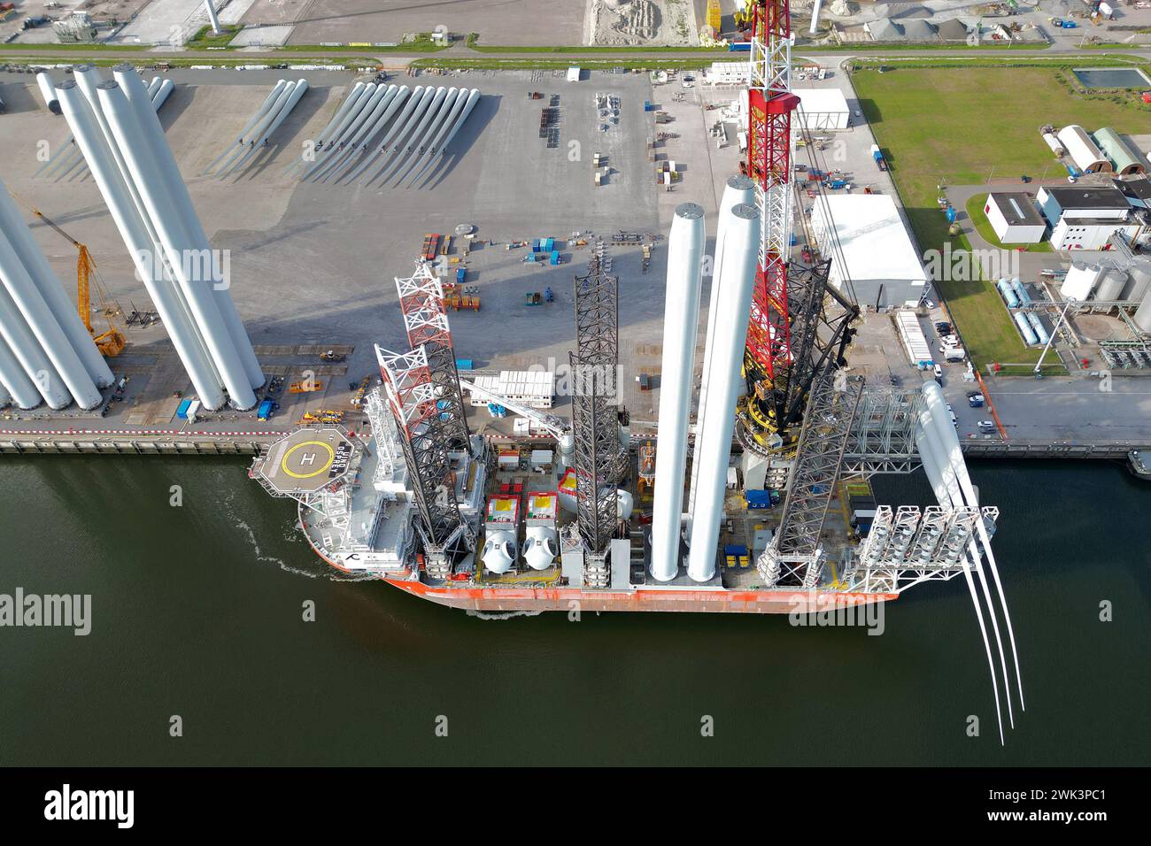 A transport ship for the construction of an offshore windpark in the North Sea, The Netherlands Stock Photo
